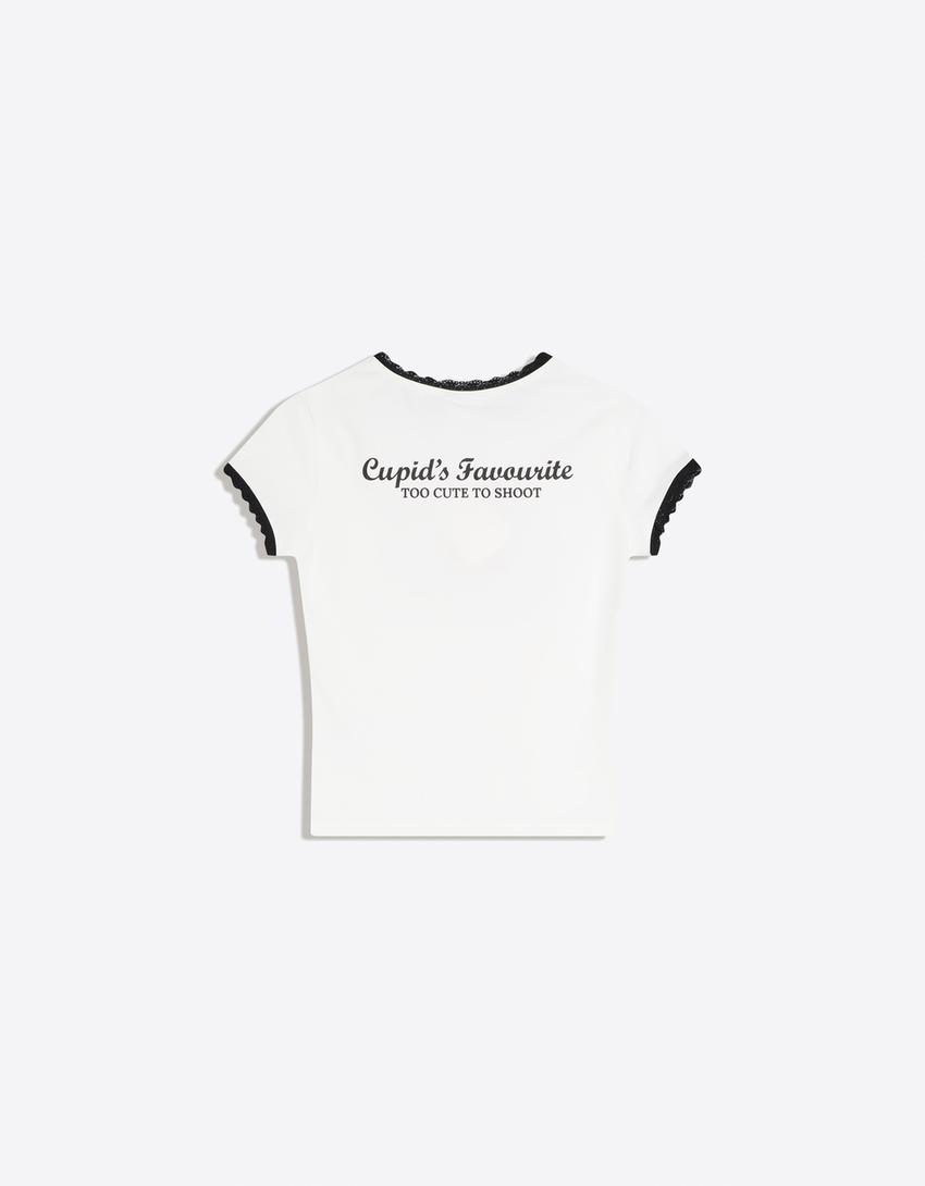 Camiseta manga corta contraste encaje-Blanco roto