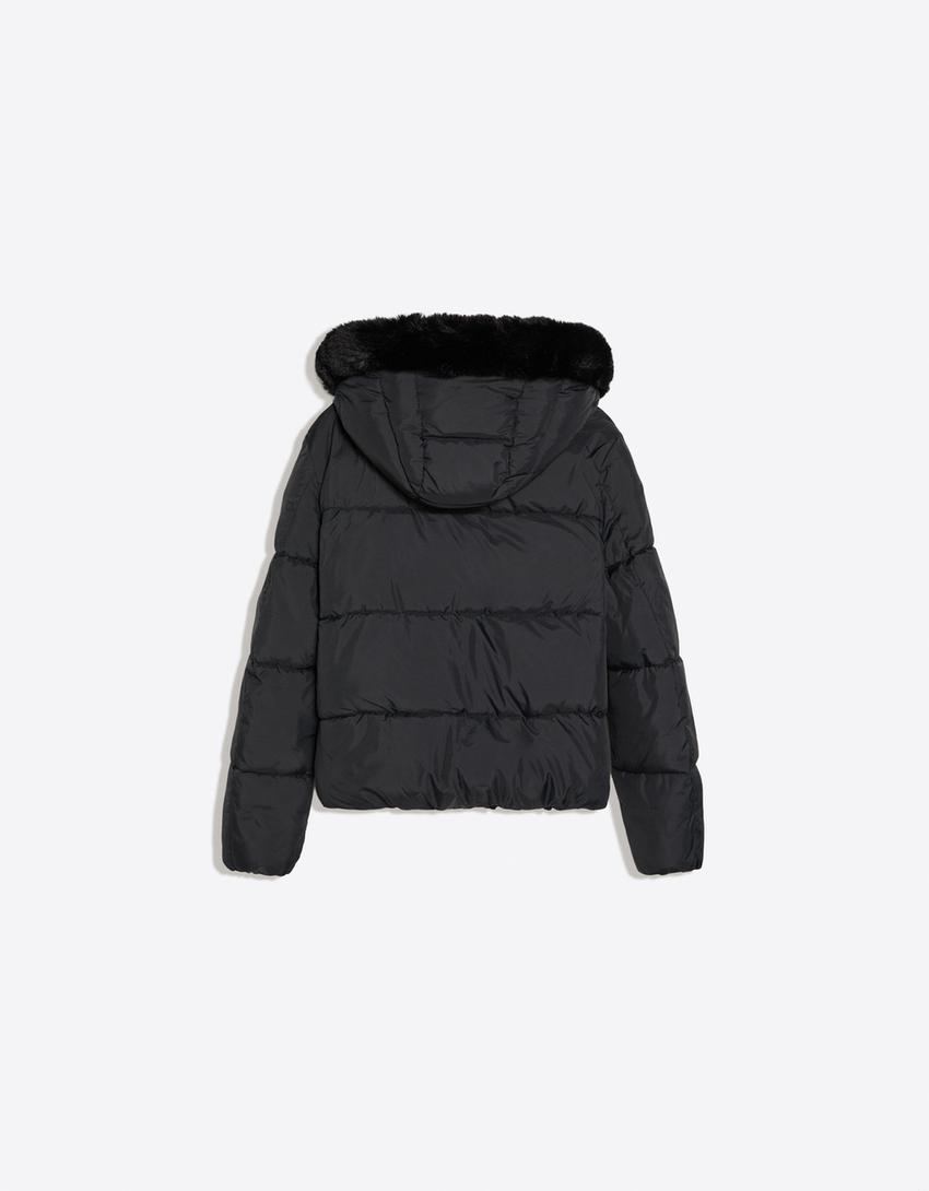 Padded jacket with fur hood-Black