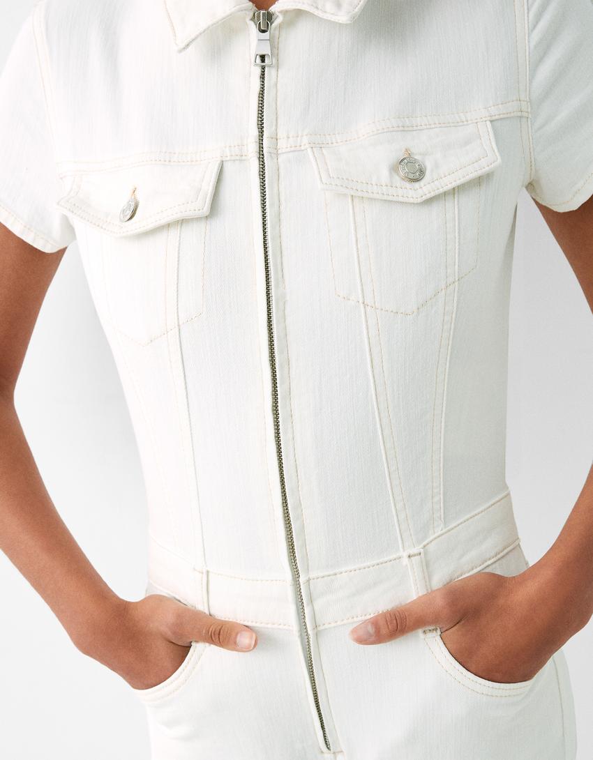 أفرول دنيم بأكمام قصيرة-كريمي-5