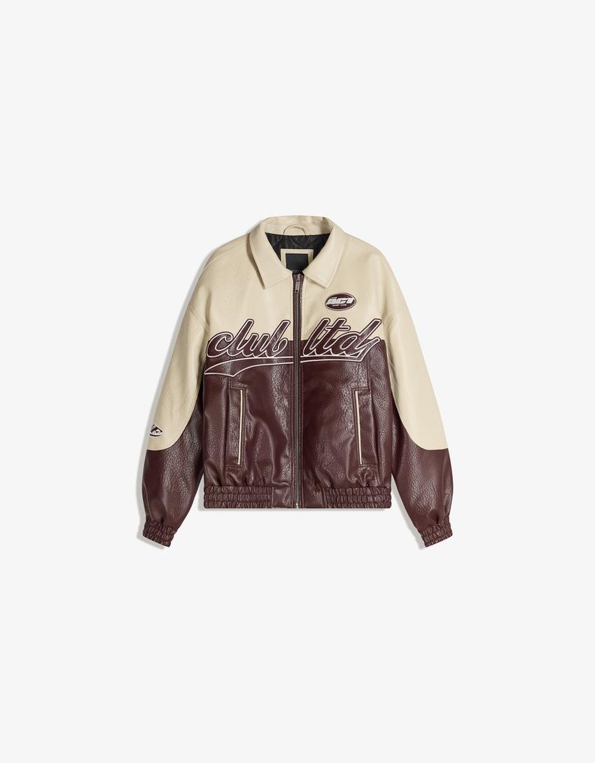 جاكيت جلد صناعي بنمط كتل الألوان-عنابي