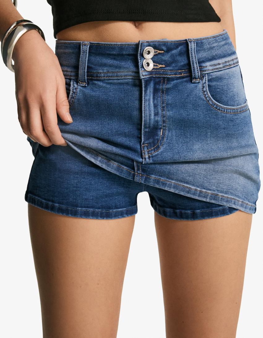 Falda pantalón denim elástico-Azul lavado