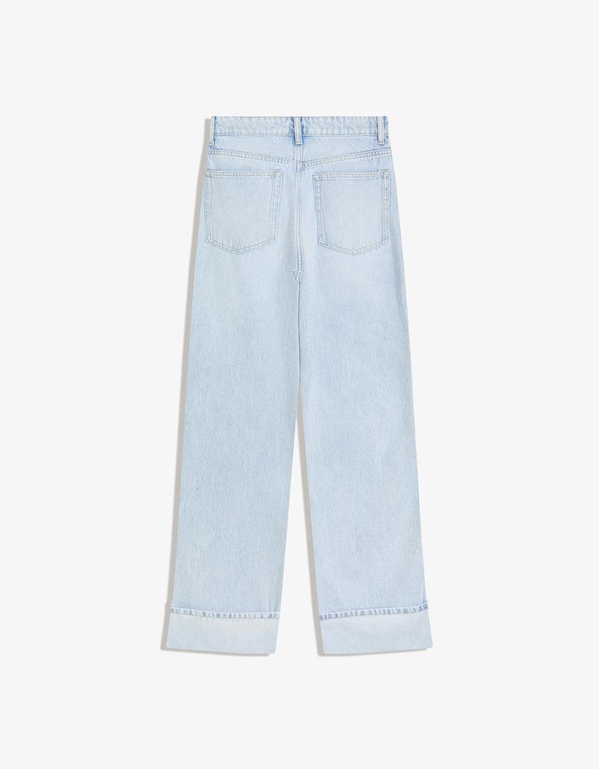 Yüksek bel straight fit geniş paça kıvrık paçalı jean-Açık mavi