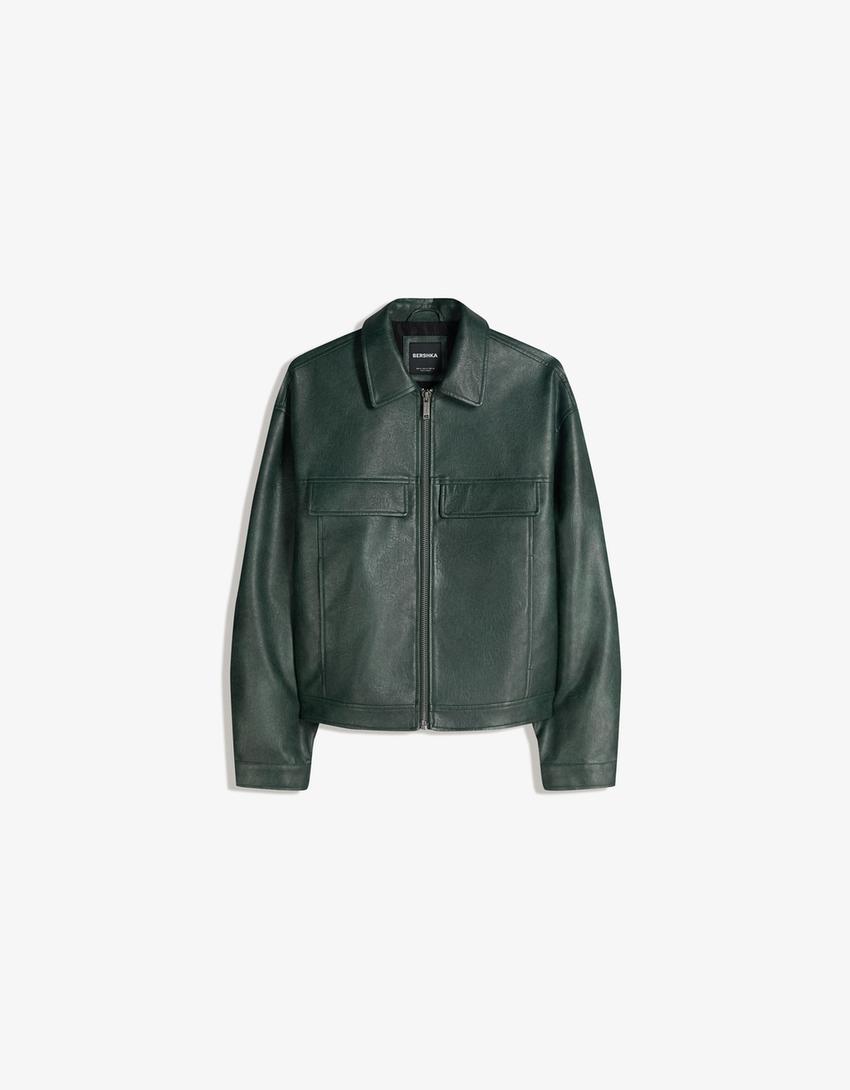 Giacca boxy fit finta pelle-Verde