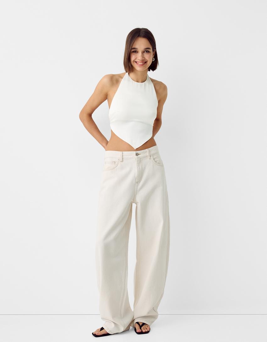 توب ساتان بربطة في الخلف-أبيض مطفي-3