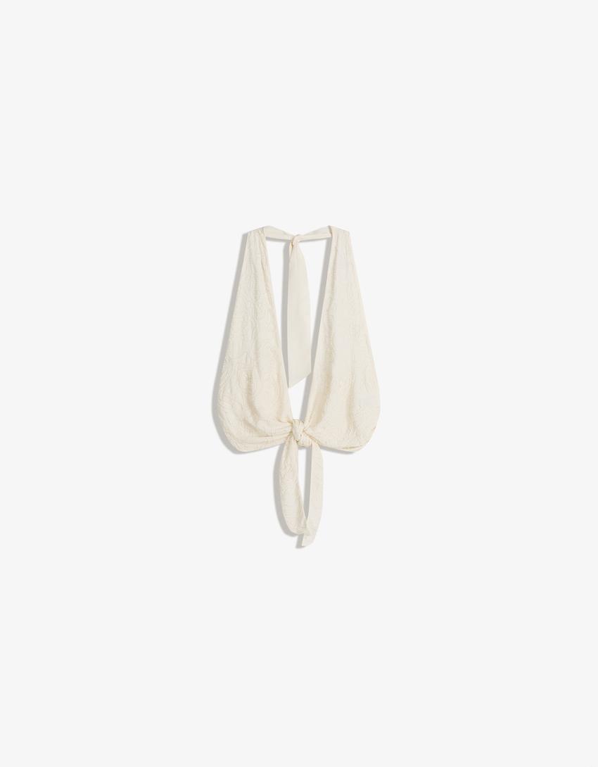 Embroidered top with knot-Cream
