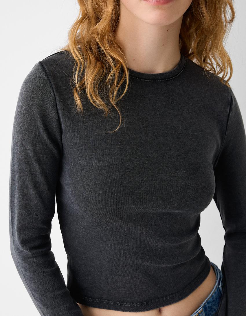 Uzun kollu t-shirt-Gri-5