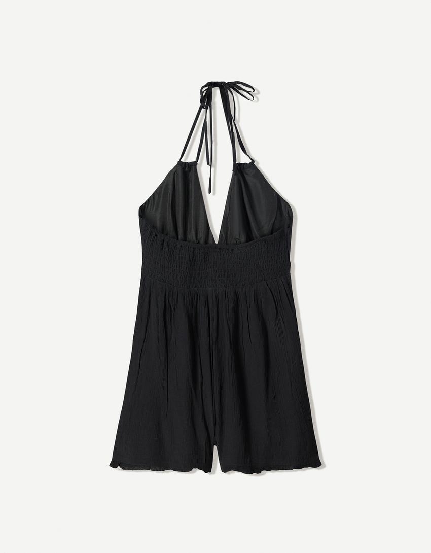 Halter yaka bağcıklı kısa tulum-Siyah-4