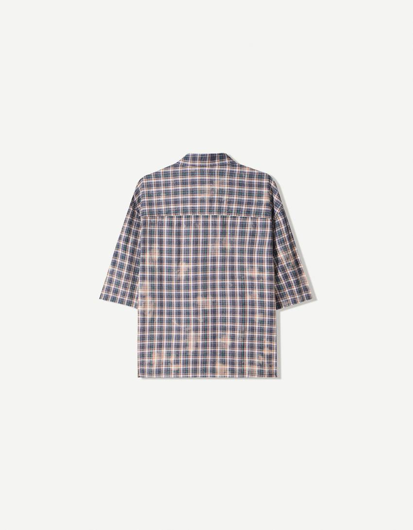 Oversize check short sleeve shirt-Cream-1