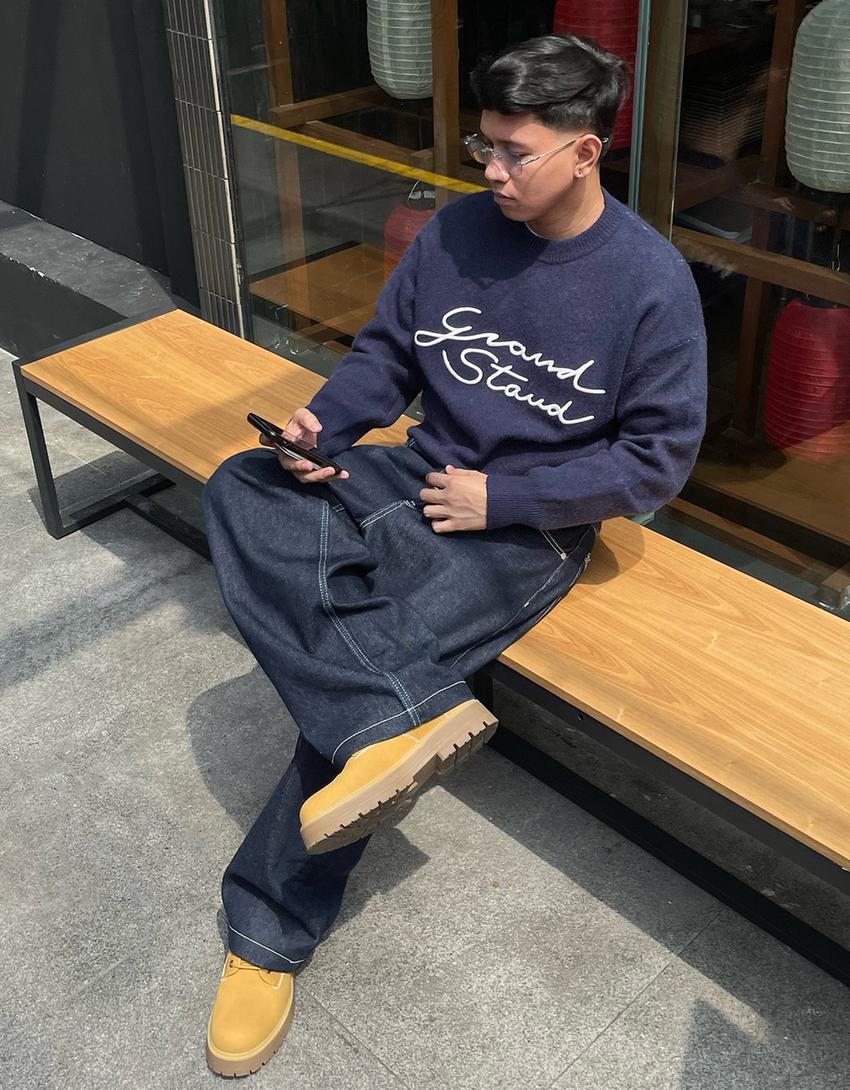 Embroidered jacquard sweater-Navy