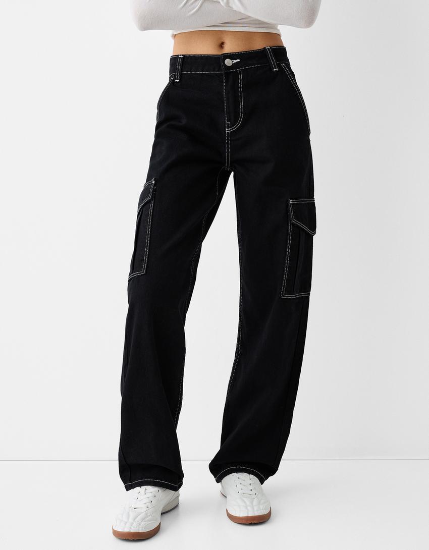 بنطال جينز كارغو بقصّة مستقيمة-أسود-1