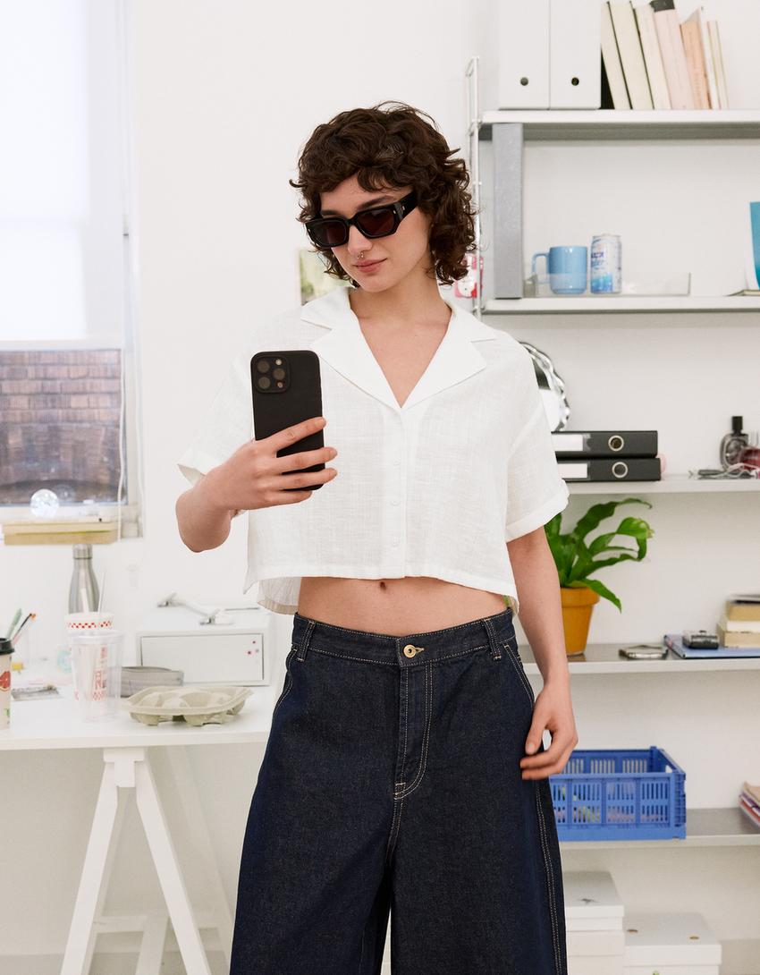 Textured rustic short sleeve shirt-White