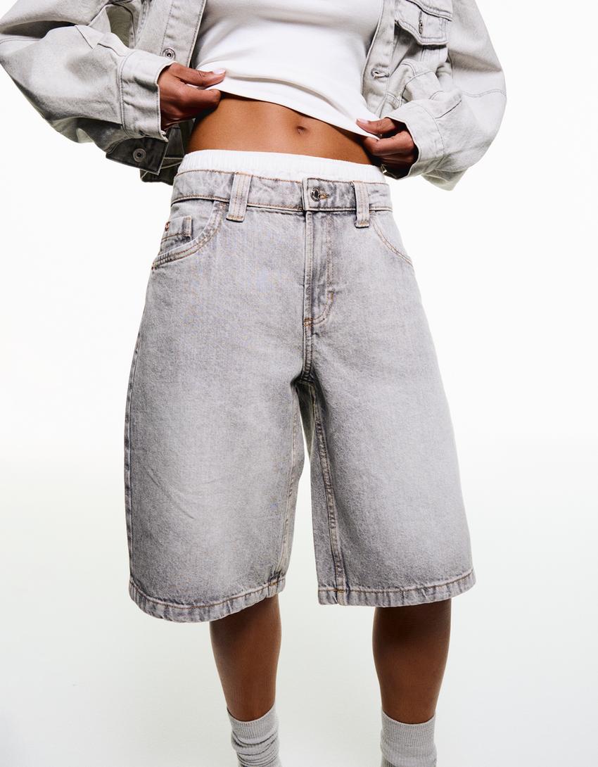 Baggy denim shorts-Grey