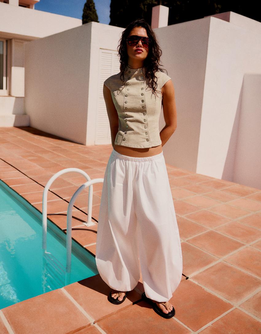 Double-breasted denim top-Camel