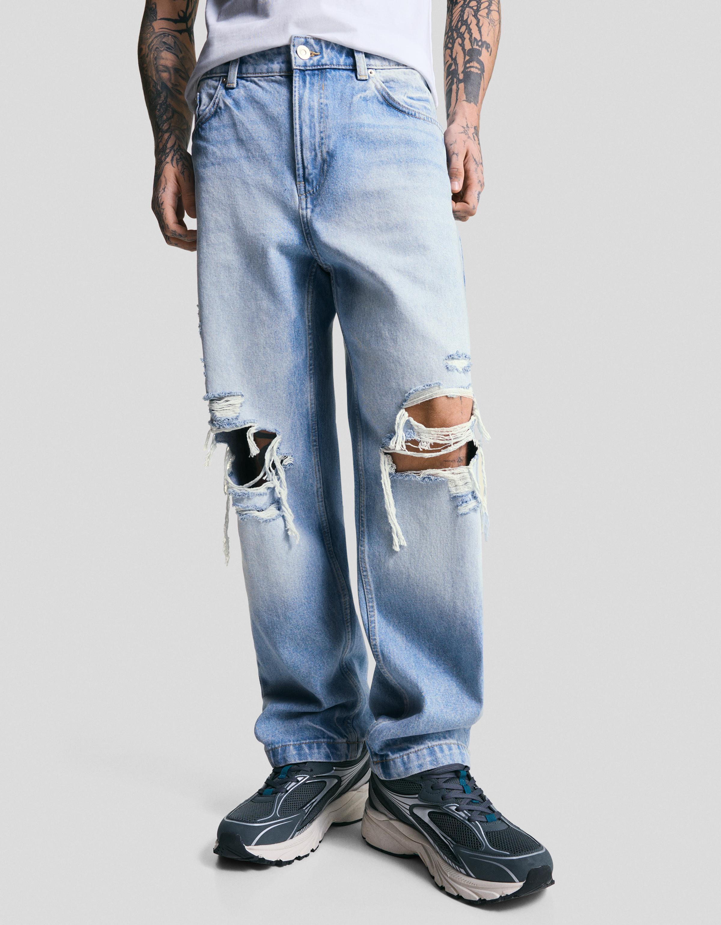 Bershka Jeans Straight Relaxed Rotos Hombre 34 Azul Lavado