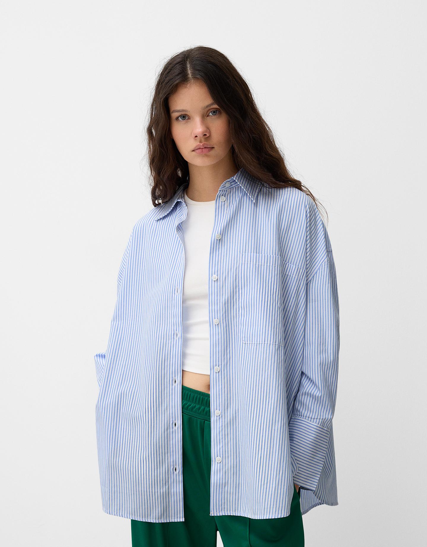 Bershka Camicia A Maniche Lunghe Oversize A Righe Donna Xs Azzurro Chiaro