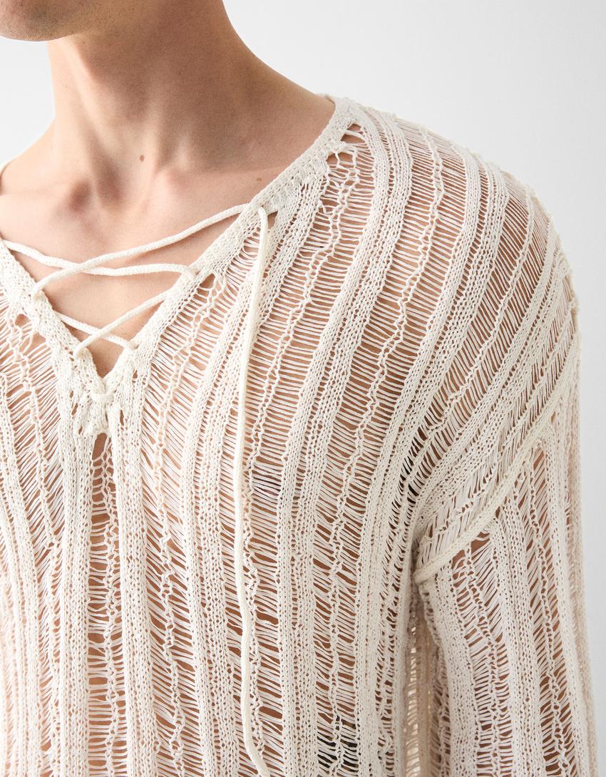 Pull manches longues cropped ajours-Blanc cassé-5