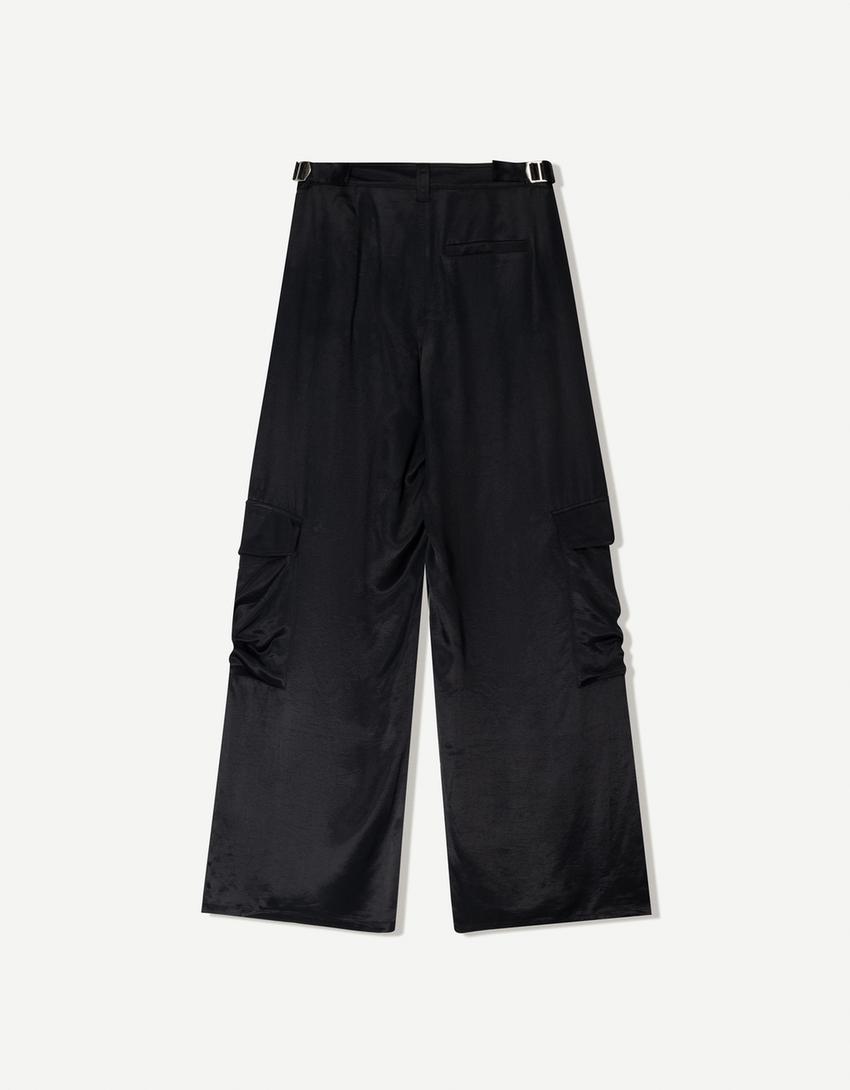 Wide-leg satin cargo trousers-Black