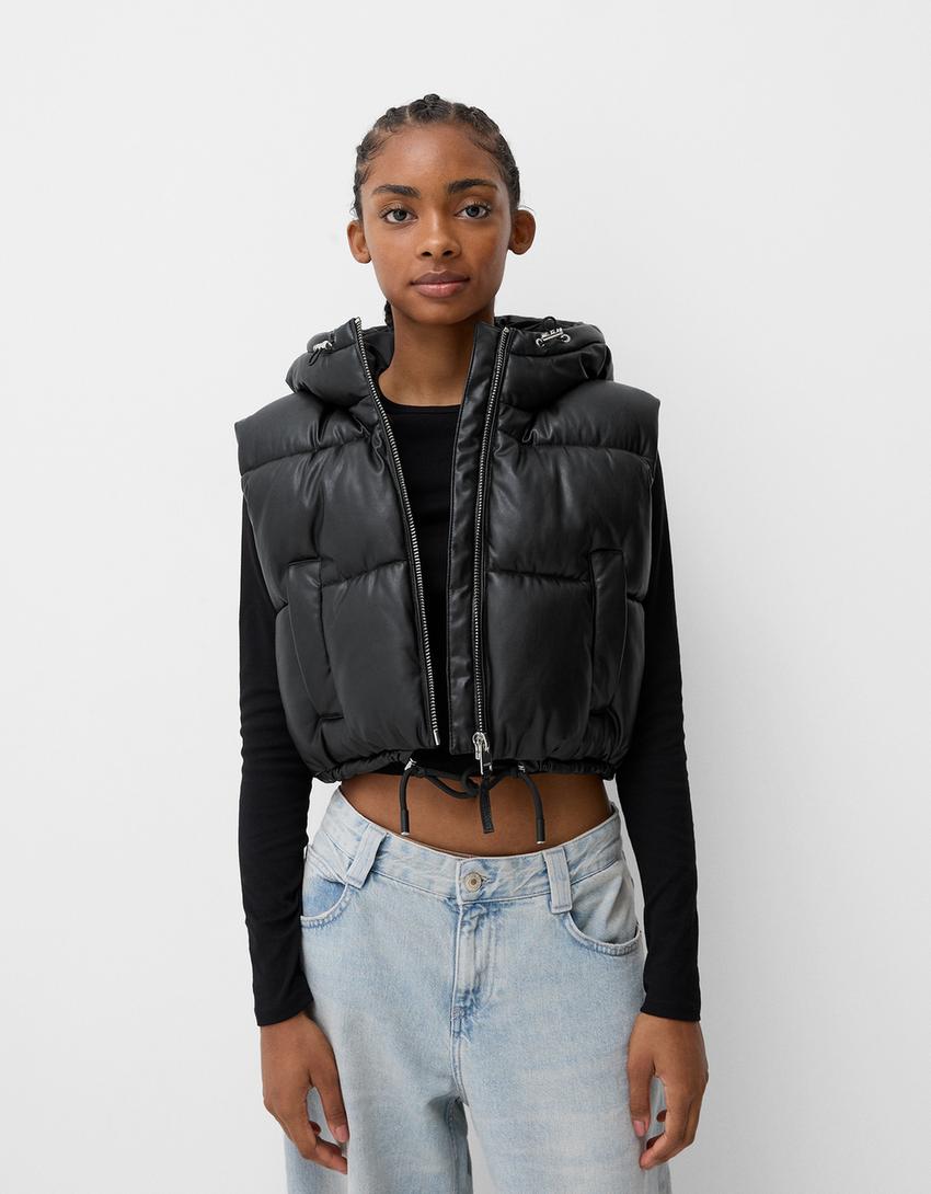 Pull Bear Chaleco Efecto Piel Chamarra Cropped Efecto Piel PULL&BEAR