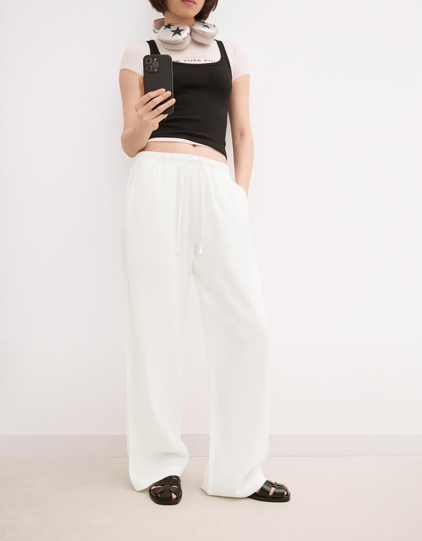 Linen blend trousers with an elasticated waistband-Off white