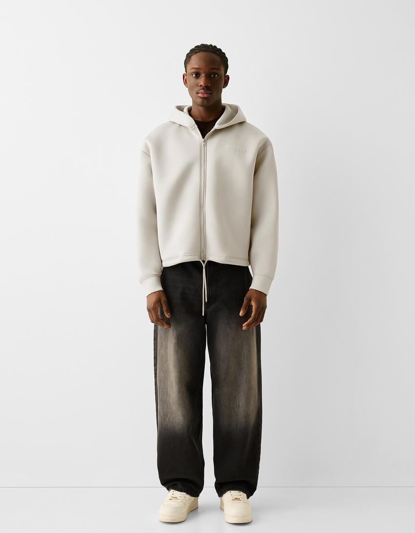 Zip-up slogan hoodie-Grey-3