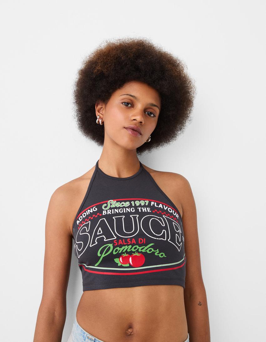 Top imprimé à encolure américaine-Gris-2