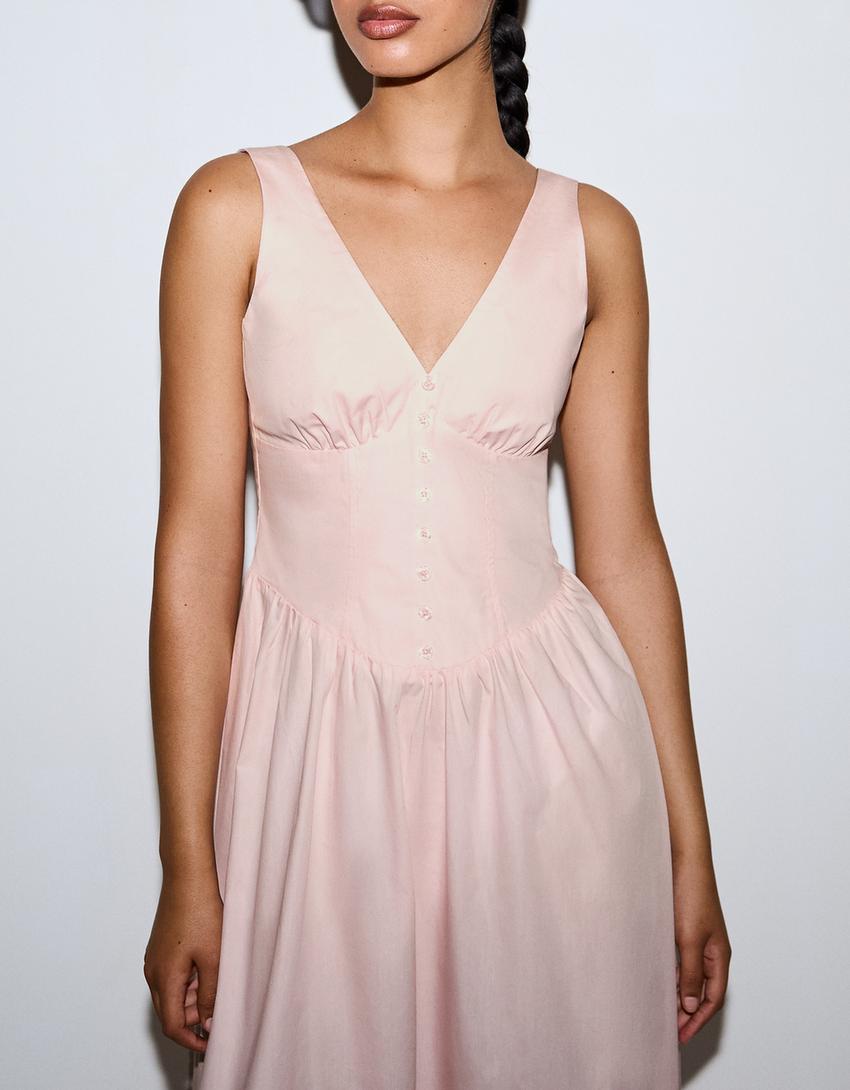 Robe midi popeline boutons-Rose
