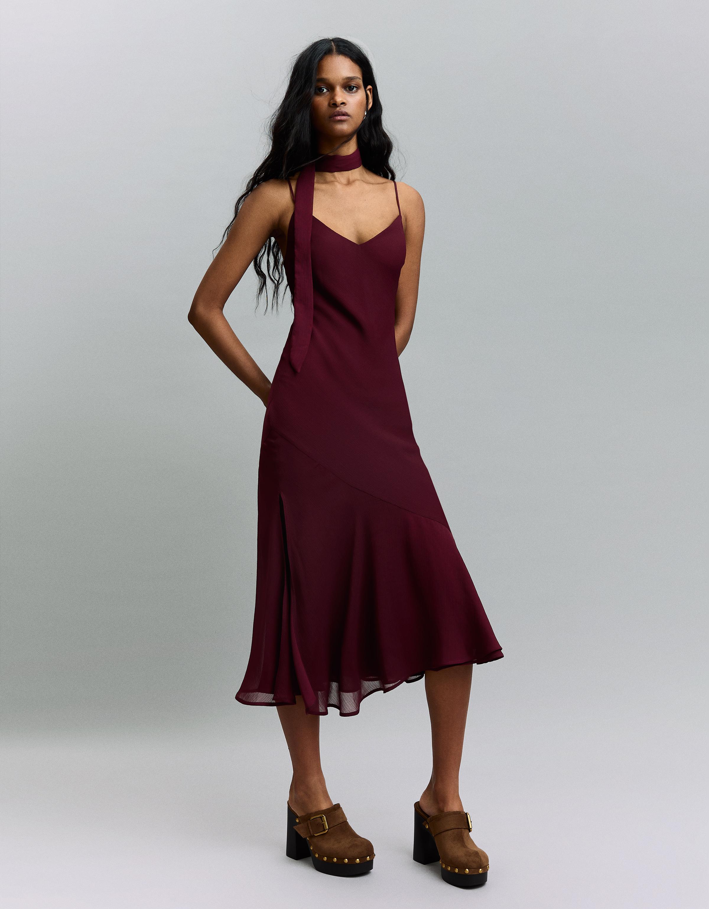 Vestido Mini Pañuelo Mujer M Granate