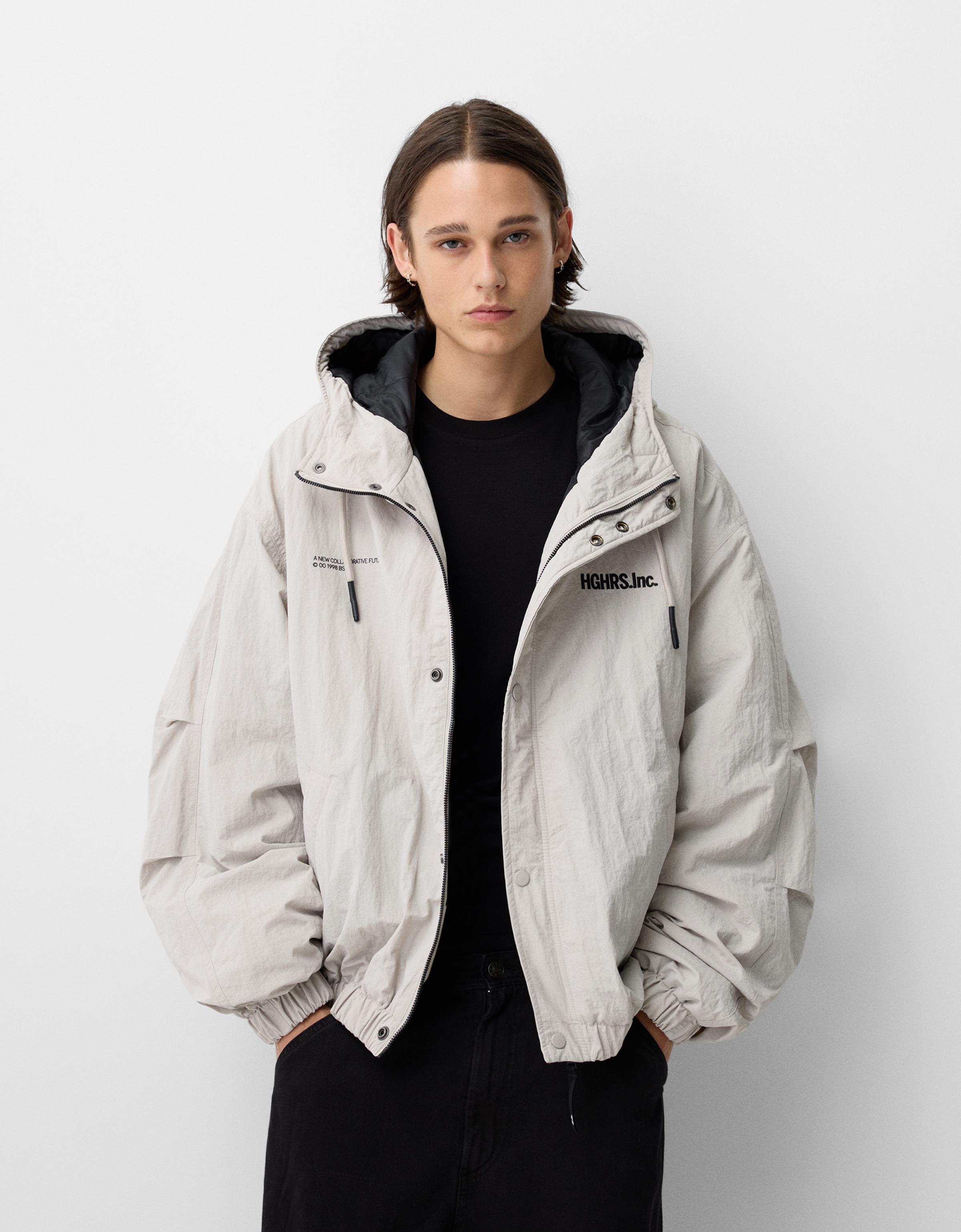 Bershka Steppjacke Aus Funktionsstoff Mit Kapuze Herren Xl Steinfarbe