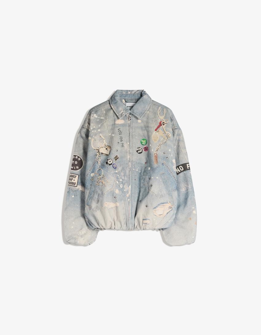 Blusão denim estampado-Azul lavado