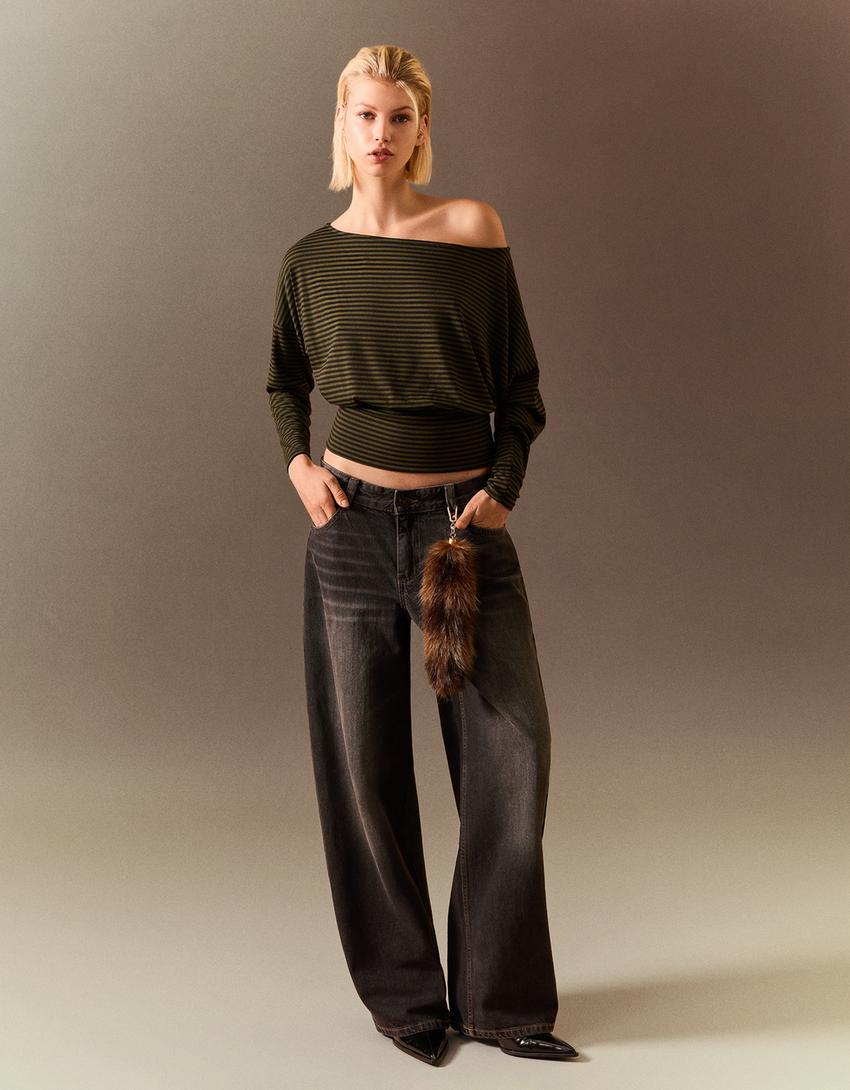 Striped long sleeve T-shirt with sash-Khaki