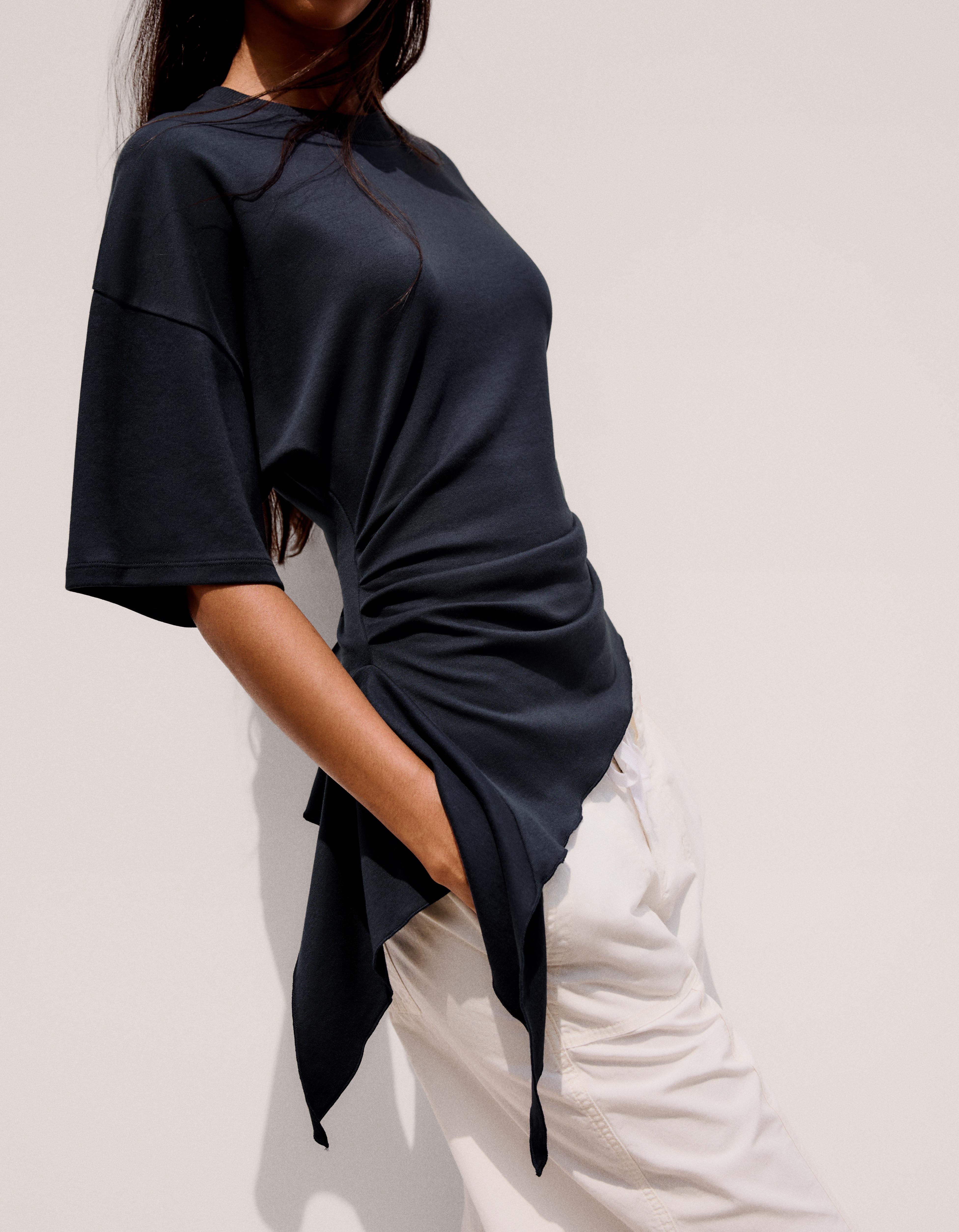 Short sleeve gathered T-shirt — Navy