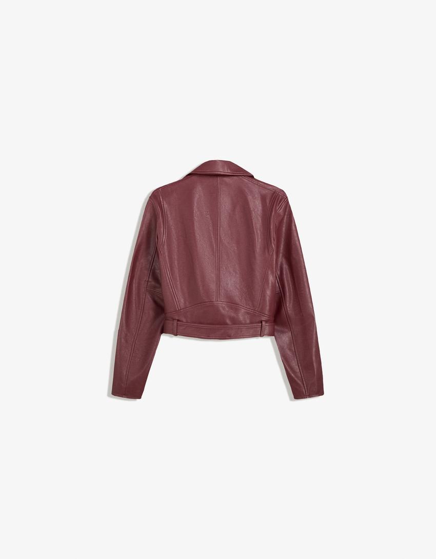 Cazadora biker efecto piel-Burdeos