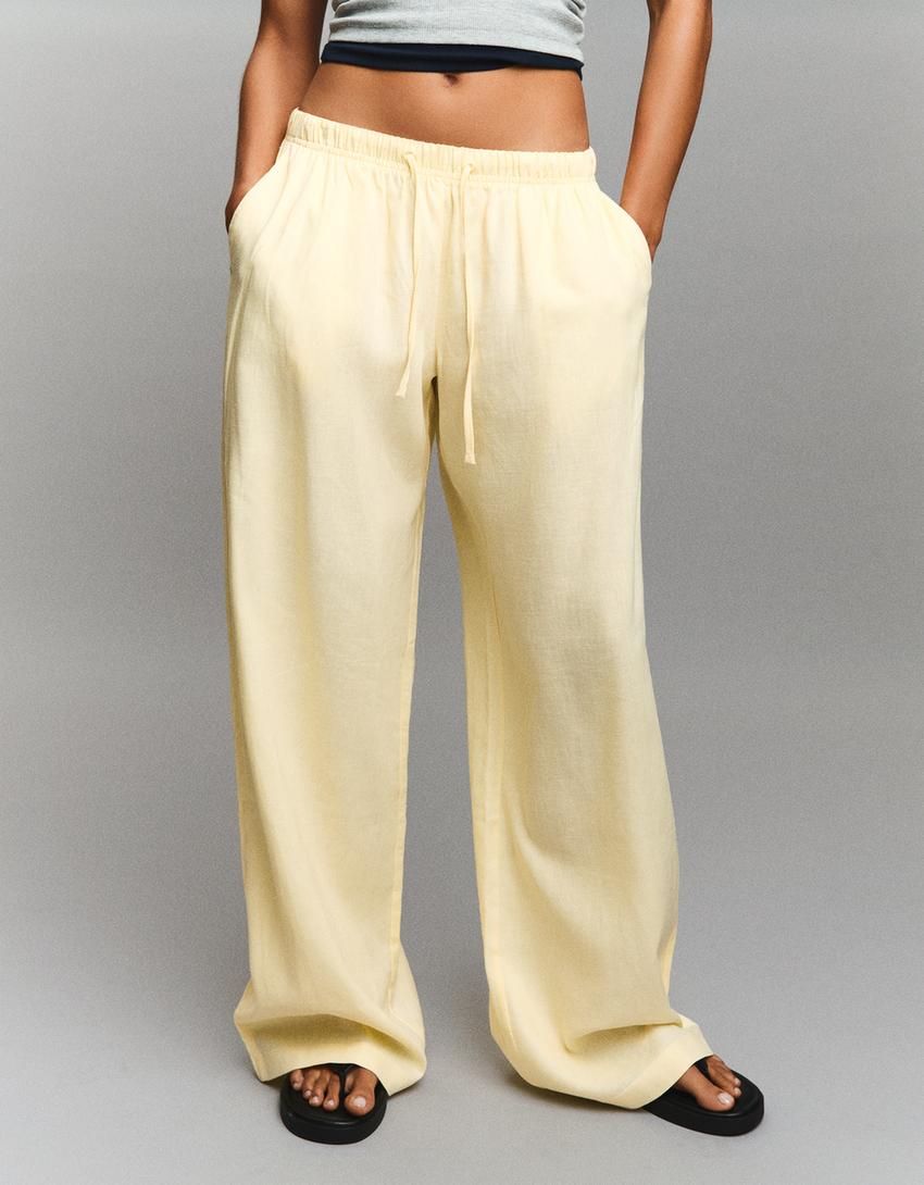 Pantalon taille élastique-Jaune