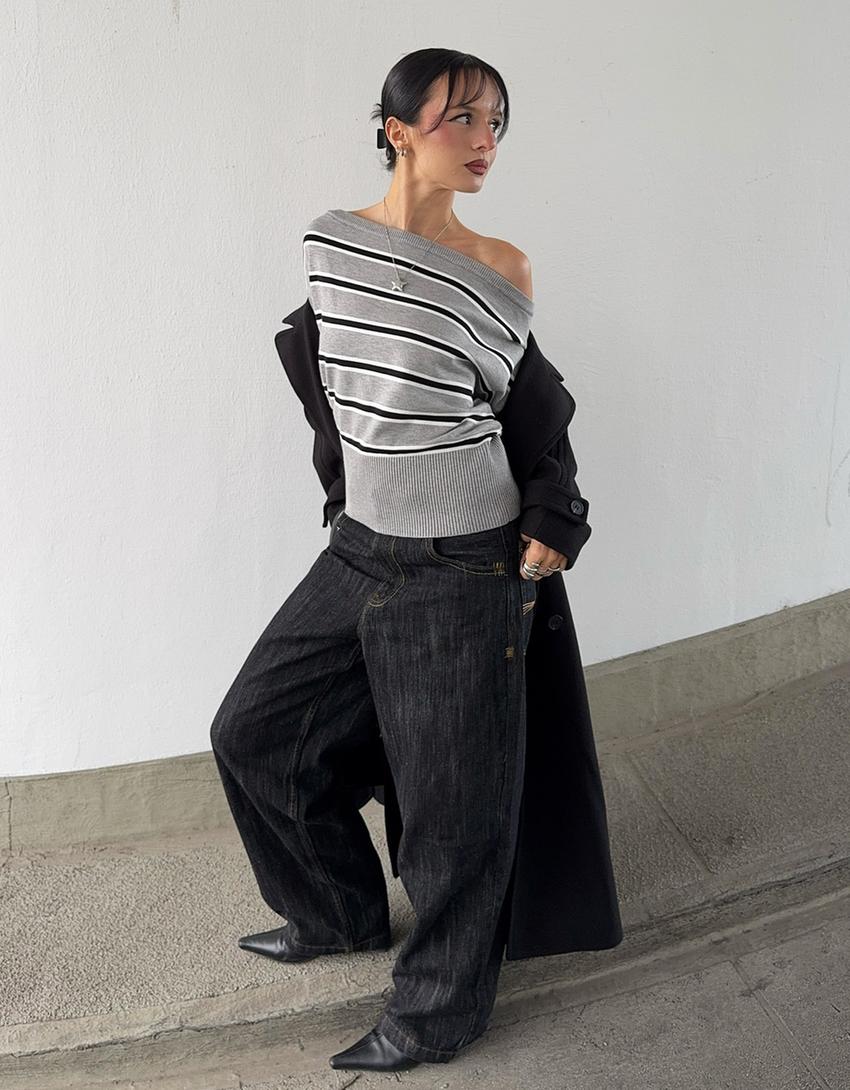 Asymmetric sweater with ribbed hem-Grey