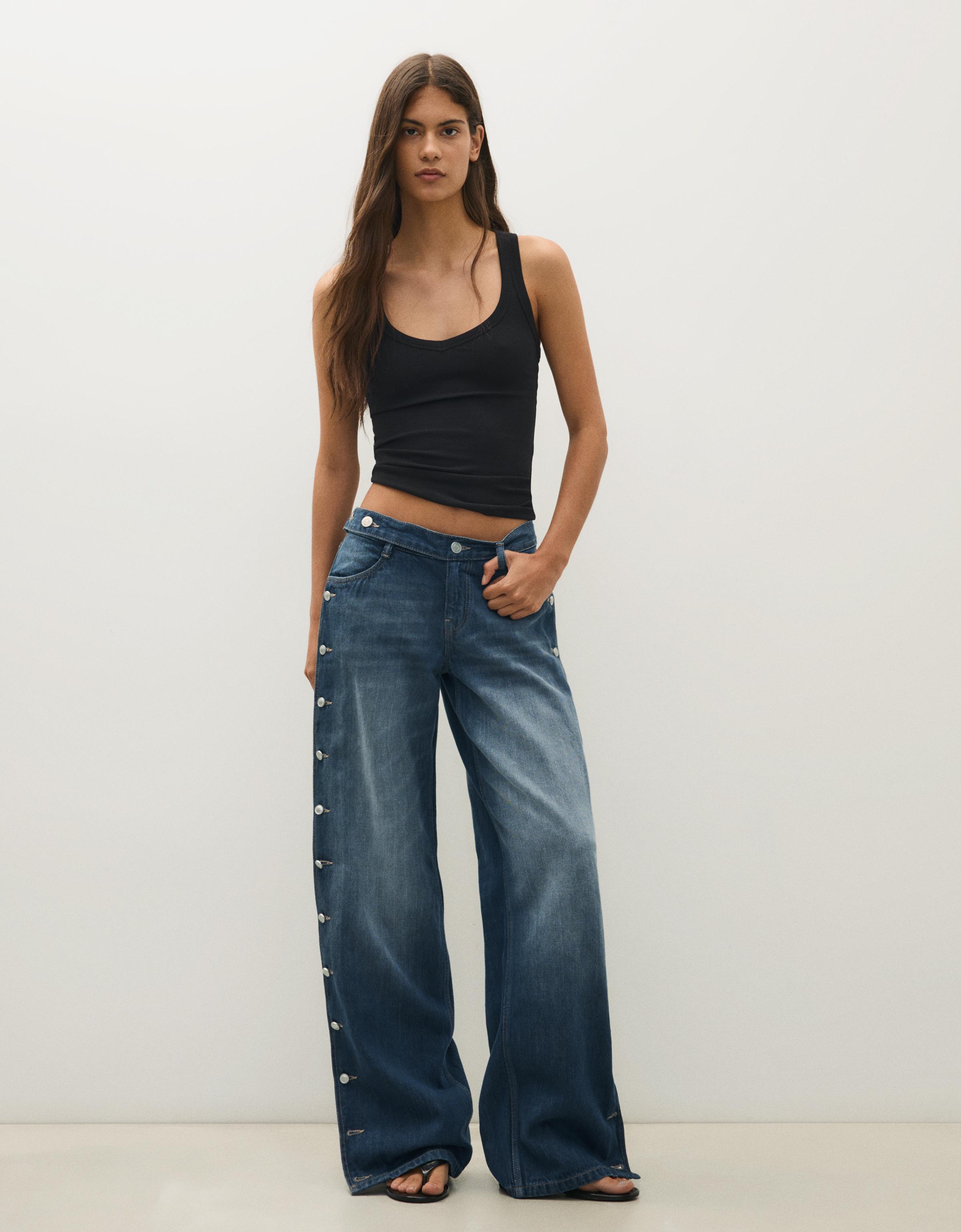 Low-rise straight-leg jeans with side buttons — Dark blue
