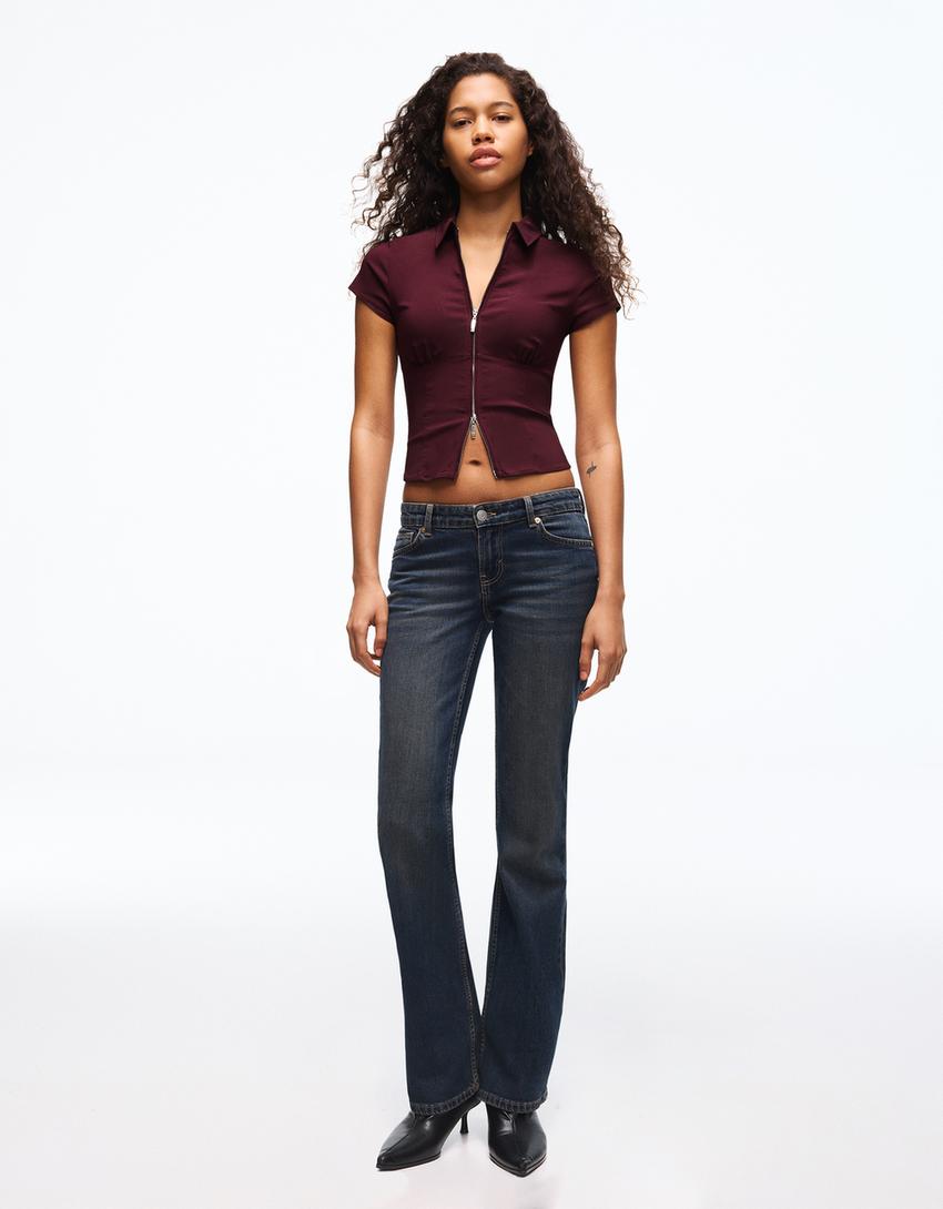 Krekls ar rāvējslēdzēju un īsām piedurknēm-Tumšsarkans