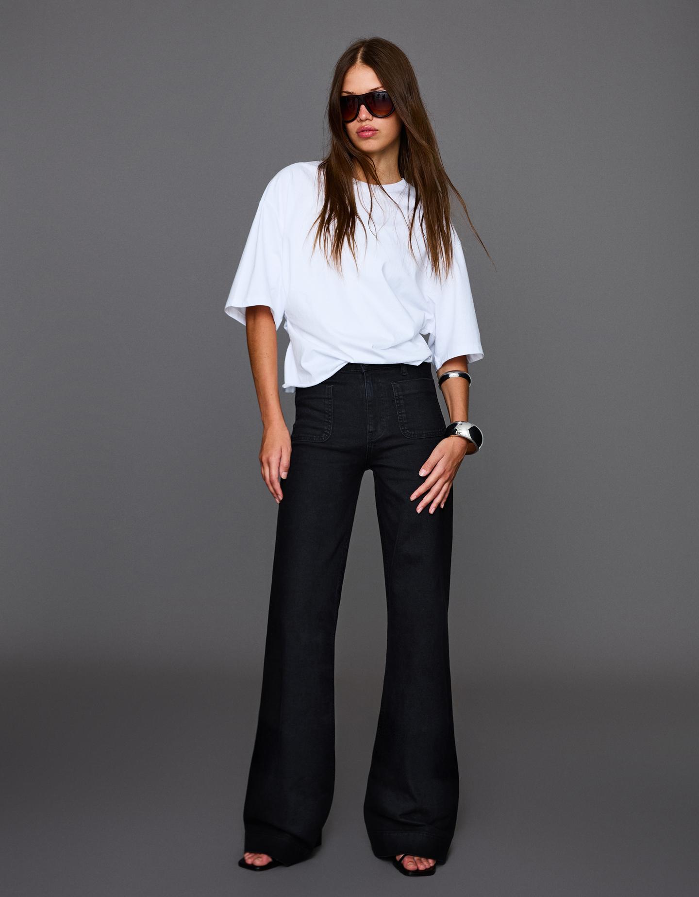 Bershka Jeans Wide Leg Tiro Alto Seamless Pockets Mujer Negro