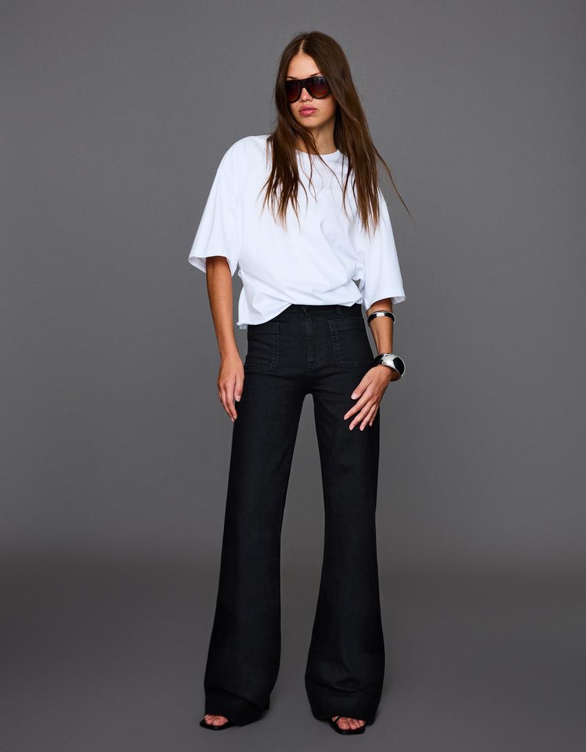 Jeans de perna larga sem costuras com bolsos-Preto-0