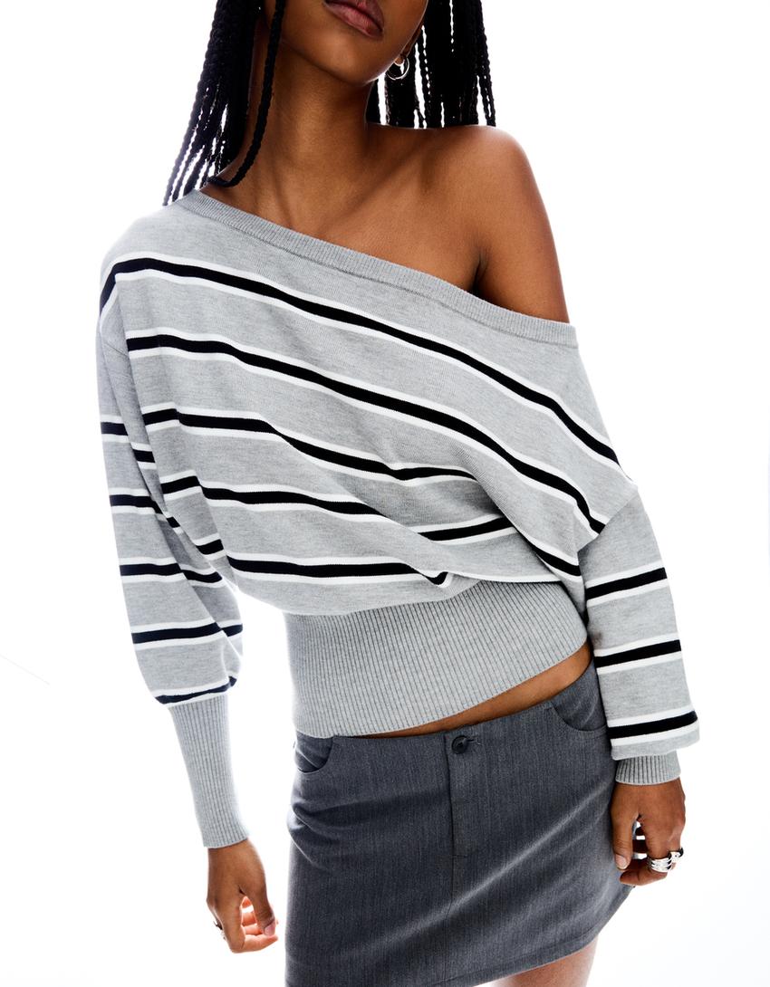 Asymmetric sweater with ribbed hem-Grey
