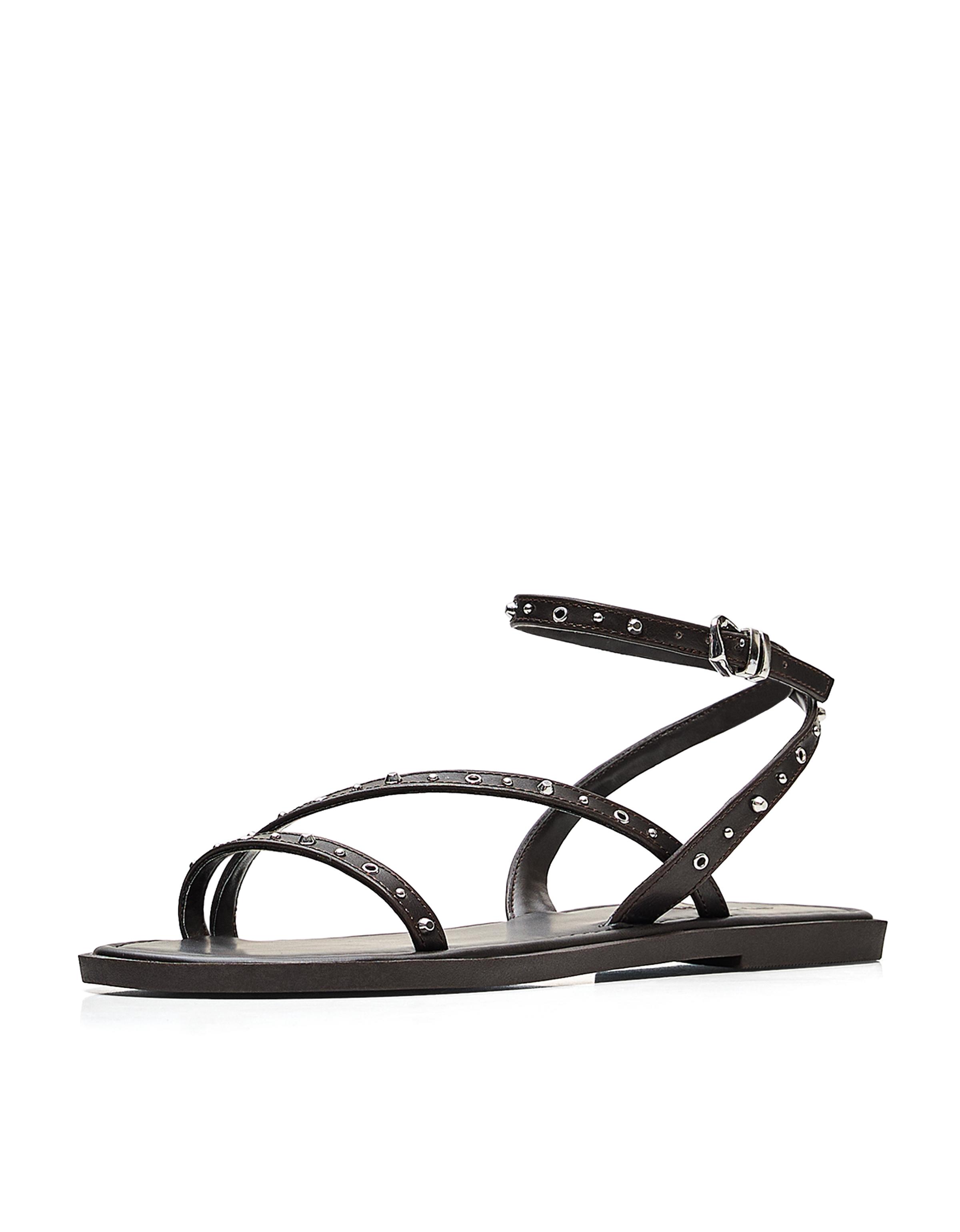 MULTISTRAP STUDDED FLAT SANDALS — Brown