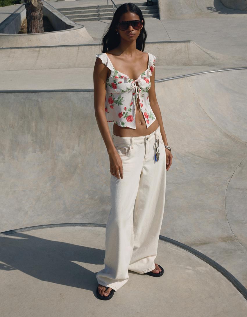 Printed textured strappy top-Multicolored