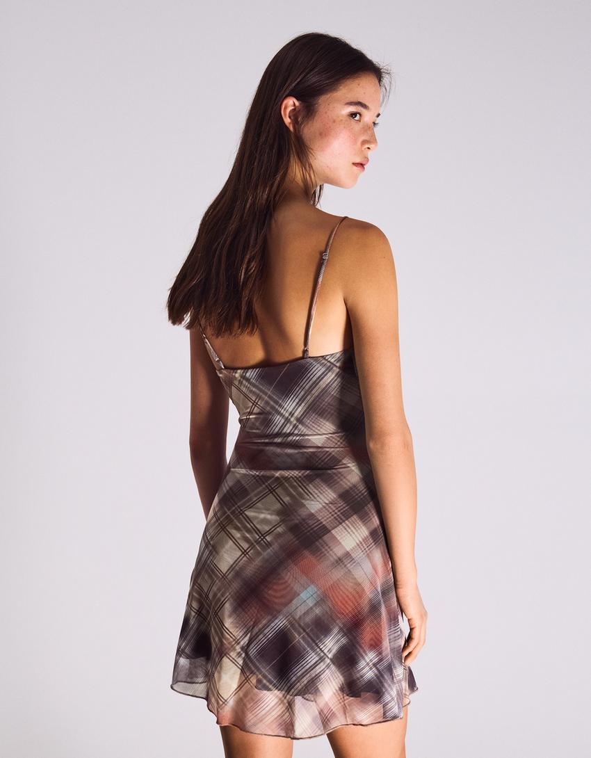 Robe courte en tulle à carreaux-Marron