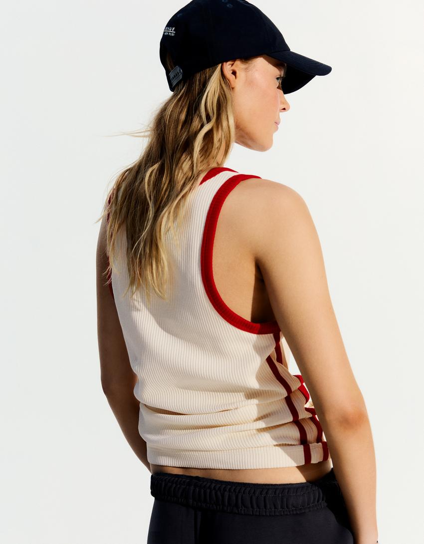 Contrast retro ribbed strappy T-shirt-Off white