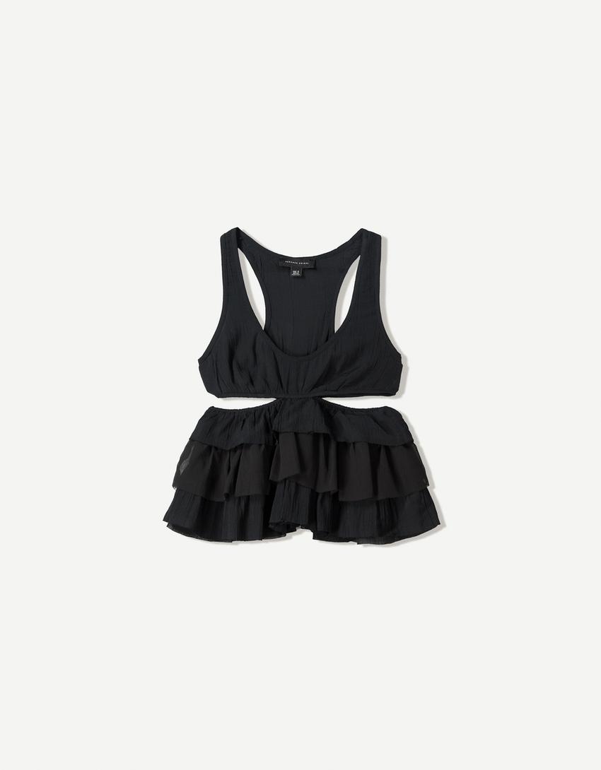 Ruffled rustic cut-out top-Black-4