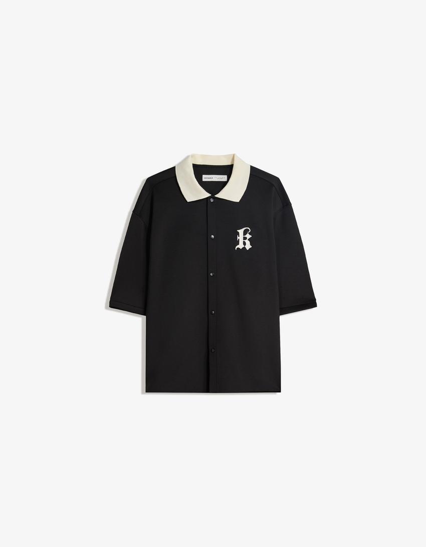 Embroidered short sleeve boxy fit shirt-Black-0