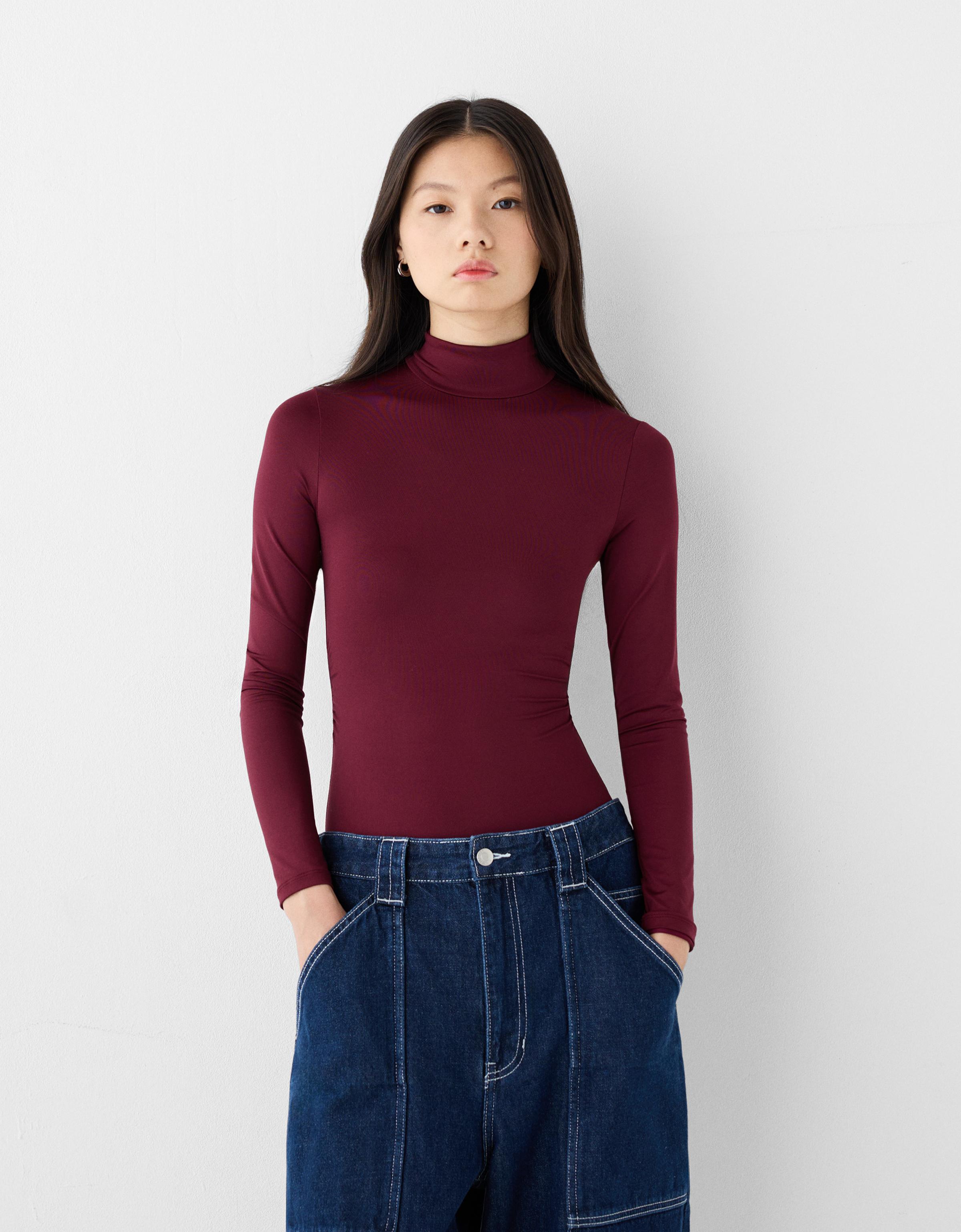 Bershka Langarmbody Mit Rollkragen Damen S Bordeaux