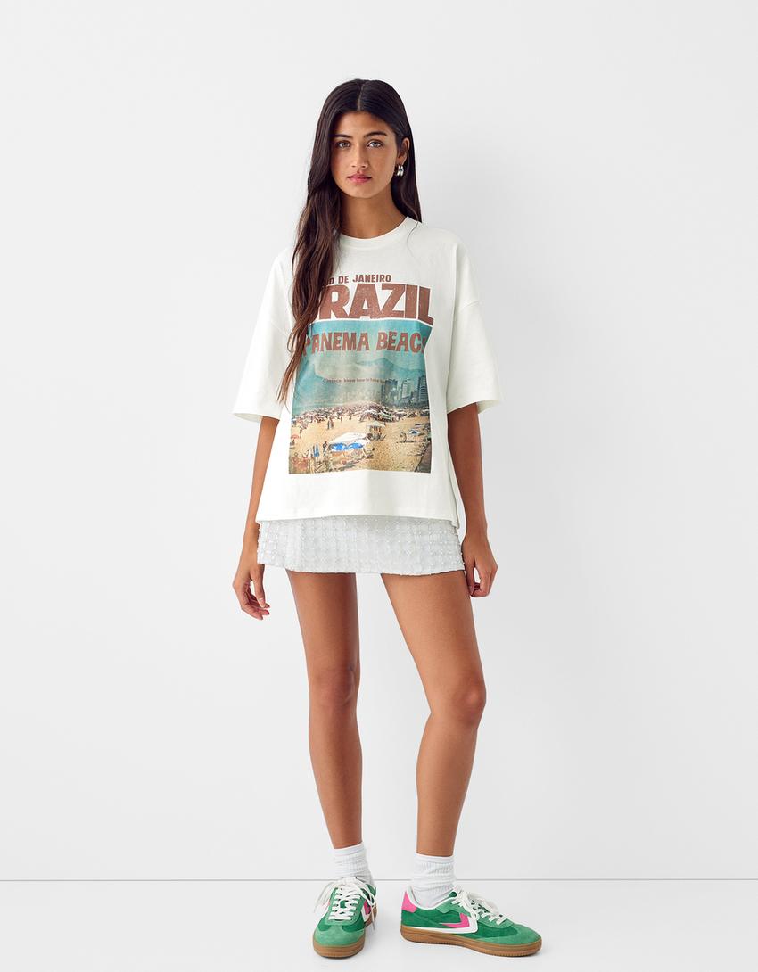 Desenli kısa kollu oversize t-shirt-Krem-3