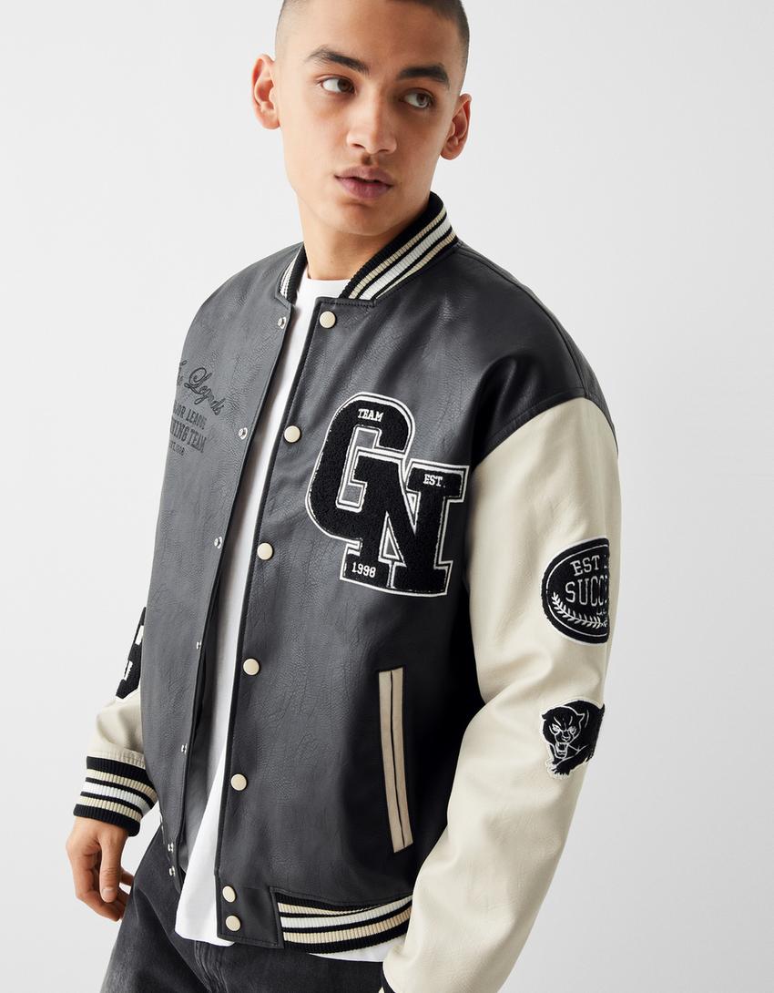 Varsity faux leather jacket-Black-2