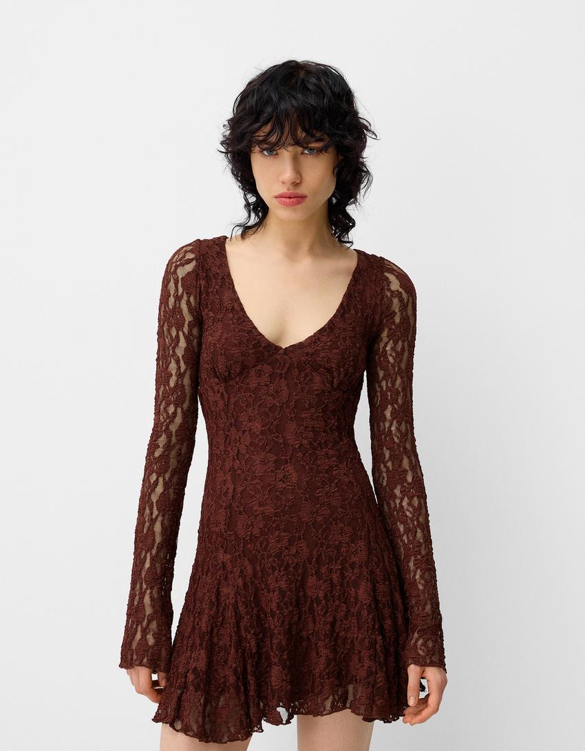 Mini-robe manches longues en dentelle - Femme | Bershka