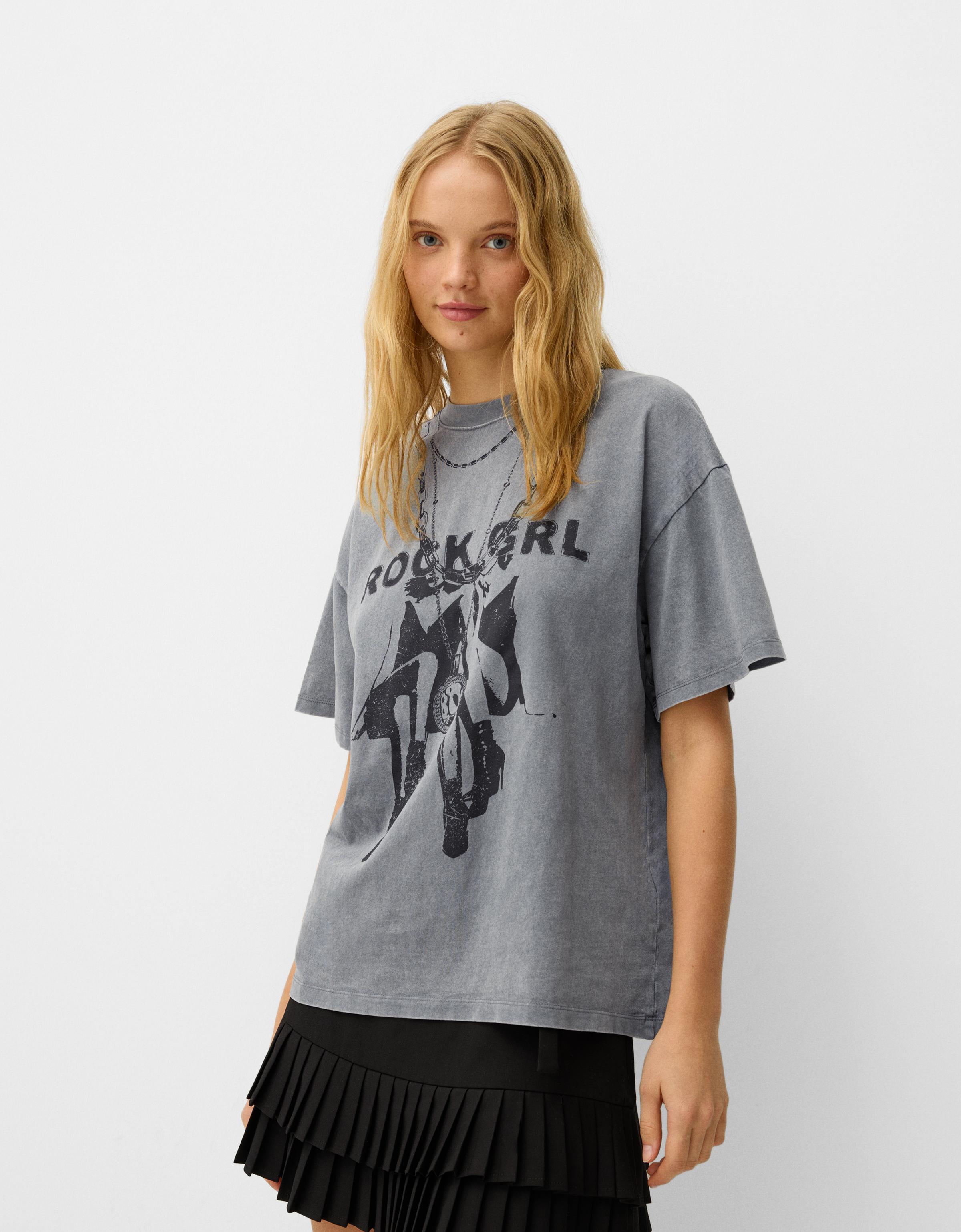 Bershka Oversize-T-Shirt Mit Print Damen M Grau